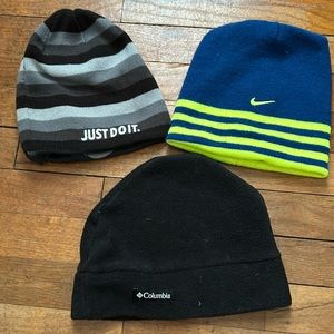Youth small beanies, two Nike, one Columbia